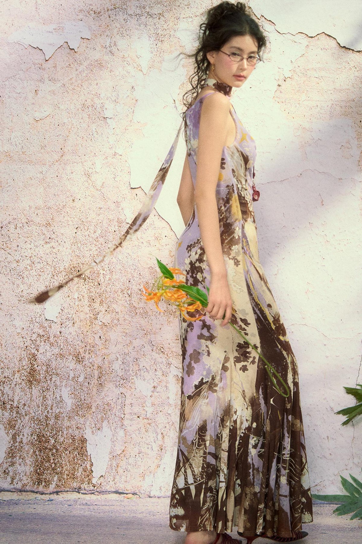 "Barcelona Nights" Printed Mesh Sling-Neck Mermaid Dress