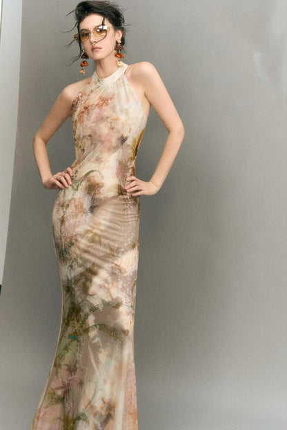 "Mist Color Ink" Chinese Halter Neck Mermaid Long Dress With Cardigan