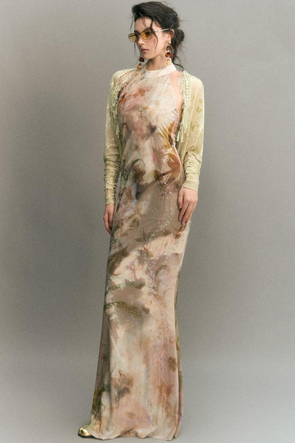 "Mist Color Ink" Chinese Halter Neck Mermaid Long Dress With Cardigan