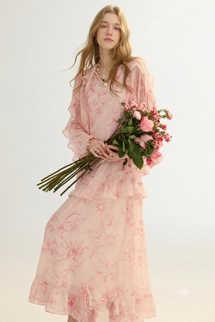 Woman in a pink floral dress holding flowers against a white background