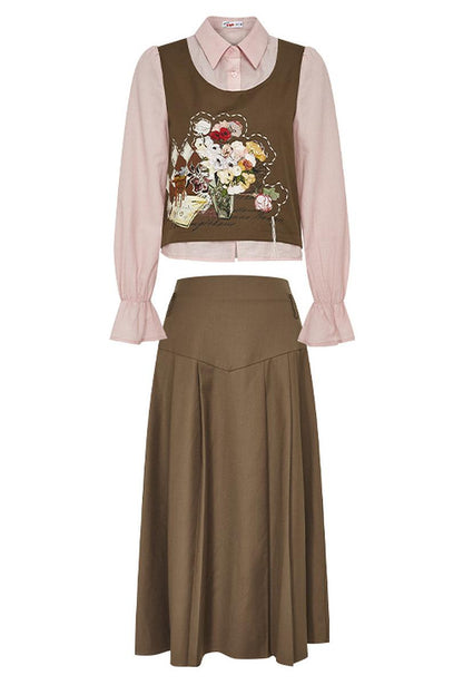 Art-Inspired Fake Two-Piece Top & Midi Skirt Set