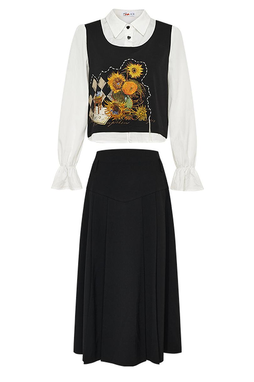 Art-Inspired Fake Two-Piece Top & Midi Skirt Set