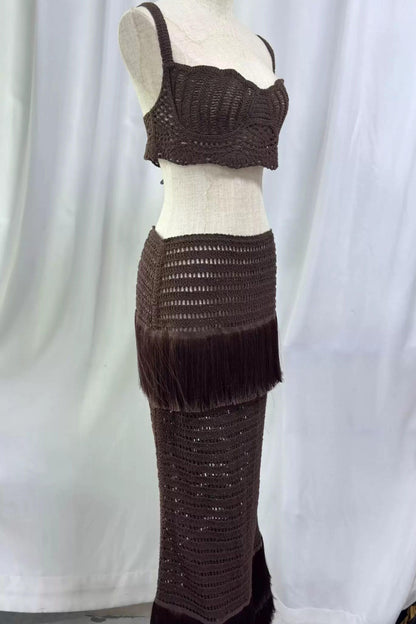 Knit Hollow-Out Fringe Skirt Vacation Set