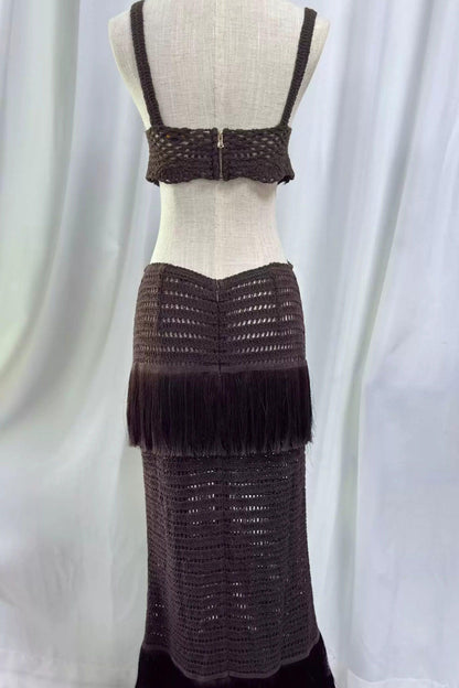 Knit Hollow-Out Fringe Skirt Vacation Set