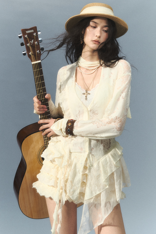 "Rush" Cream Lace Patchwork Shirt & Ruffled Shorts Set