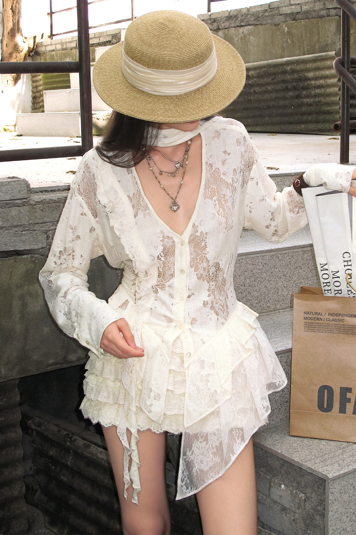 "Rush" Cream Lace Patchwork Shirt & Ruffled Shorts Set