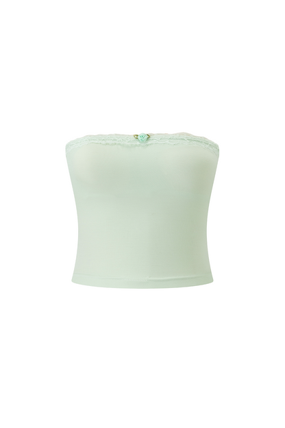 A pale mint green strapless bandeau top with delicate lace trim at the neckline and a small decorative jewel at the center, shown against a plain white background.