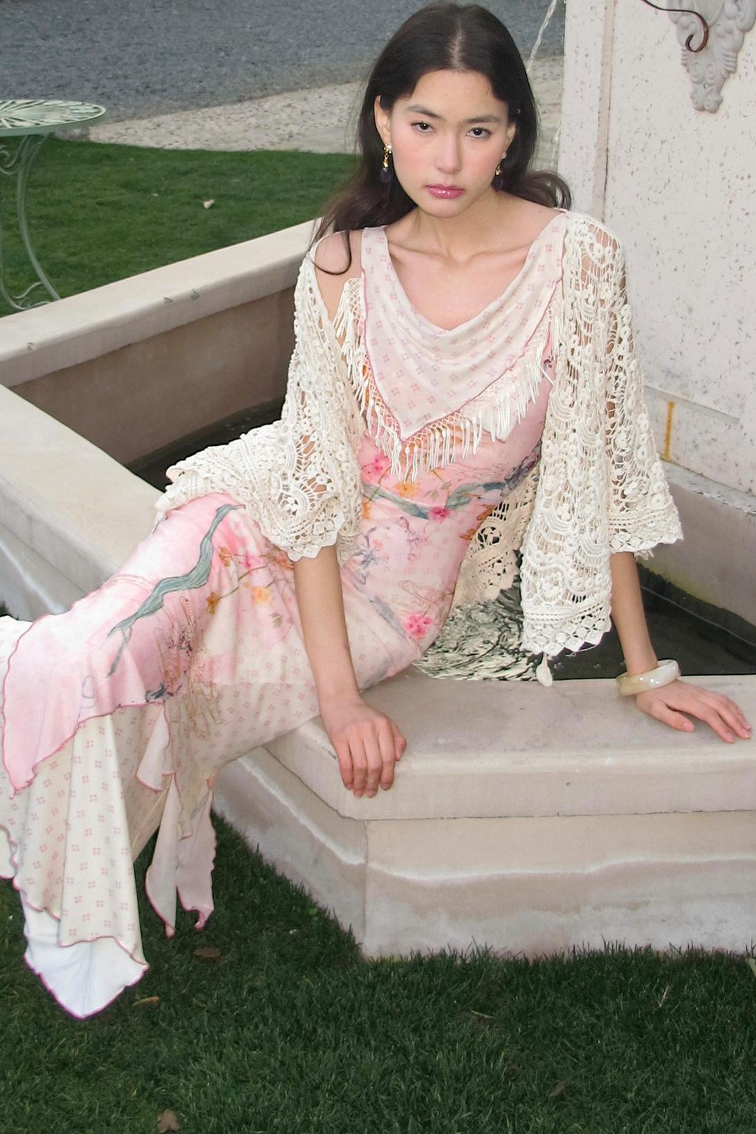 "Waterfront" Watercolor Floral Tassel Cowl Neck Double-Layer Midi Dress