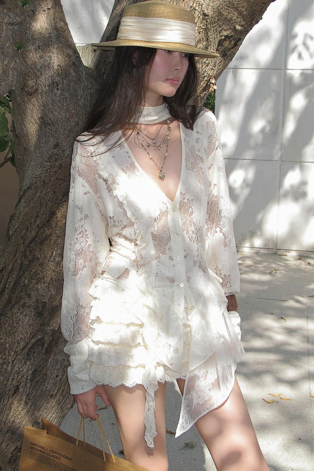 "Rush" Cream Lace Patchwork Shirt & Ruffled Shorts Set