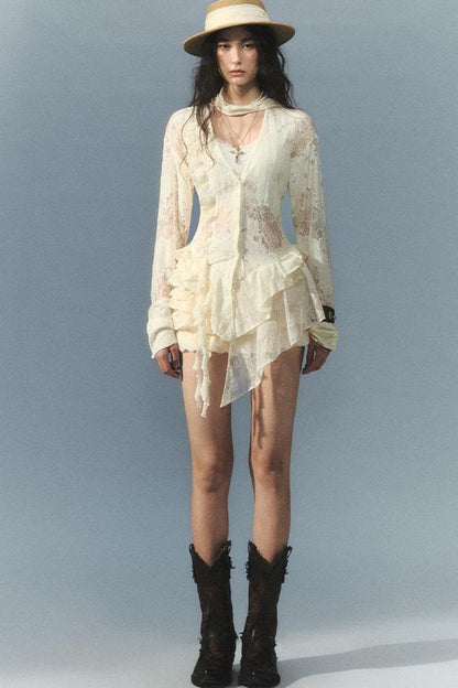 "Rush" Cream Lace Patchwork Shirt & Ruffled Shorts Set