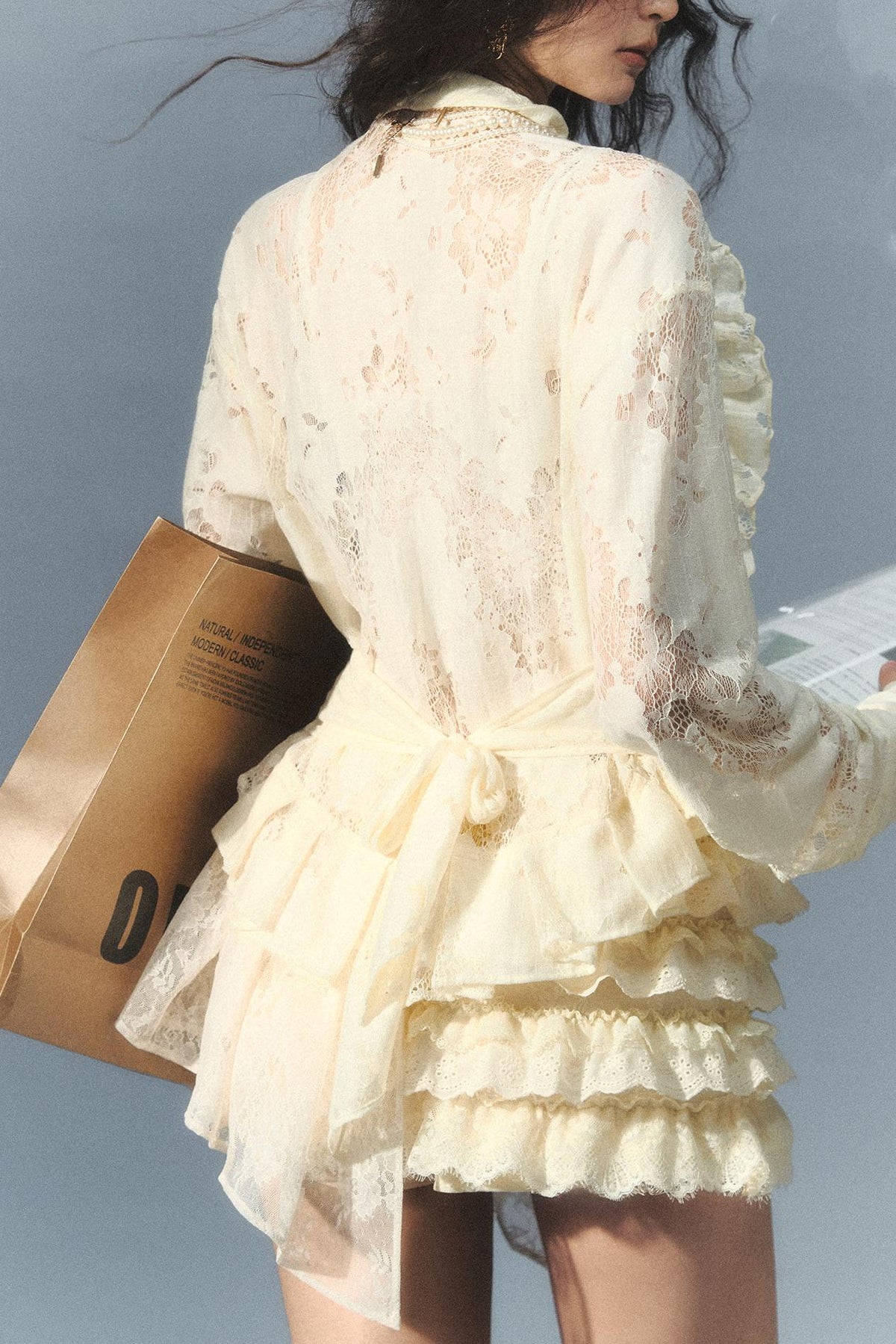 "Rush" Cream Lace Patchwork Shirt & Ruffled Shorts Set
