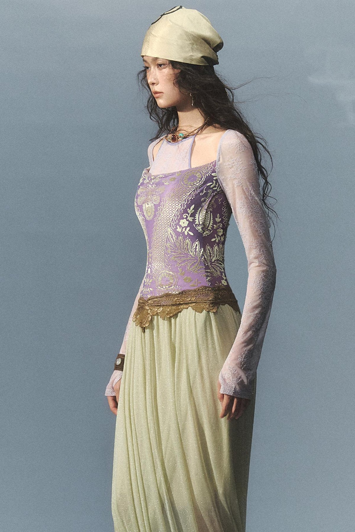 "Roaming" Greek Goddess Velvet & Lace Faux Two-Piece Midi Dress