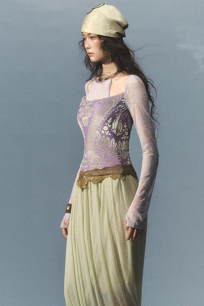 "Roaming" Greek Goddess Velvet & Lace Faux Two-Piece Midi Dress