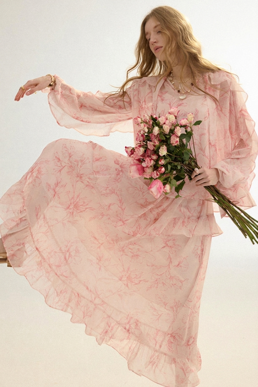 A woman wearing a flowing light pink sheer maxi dress with a tonal floral print, holding a bouquet of pink roses against a plain light background.