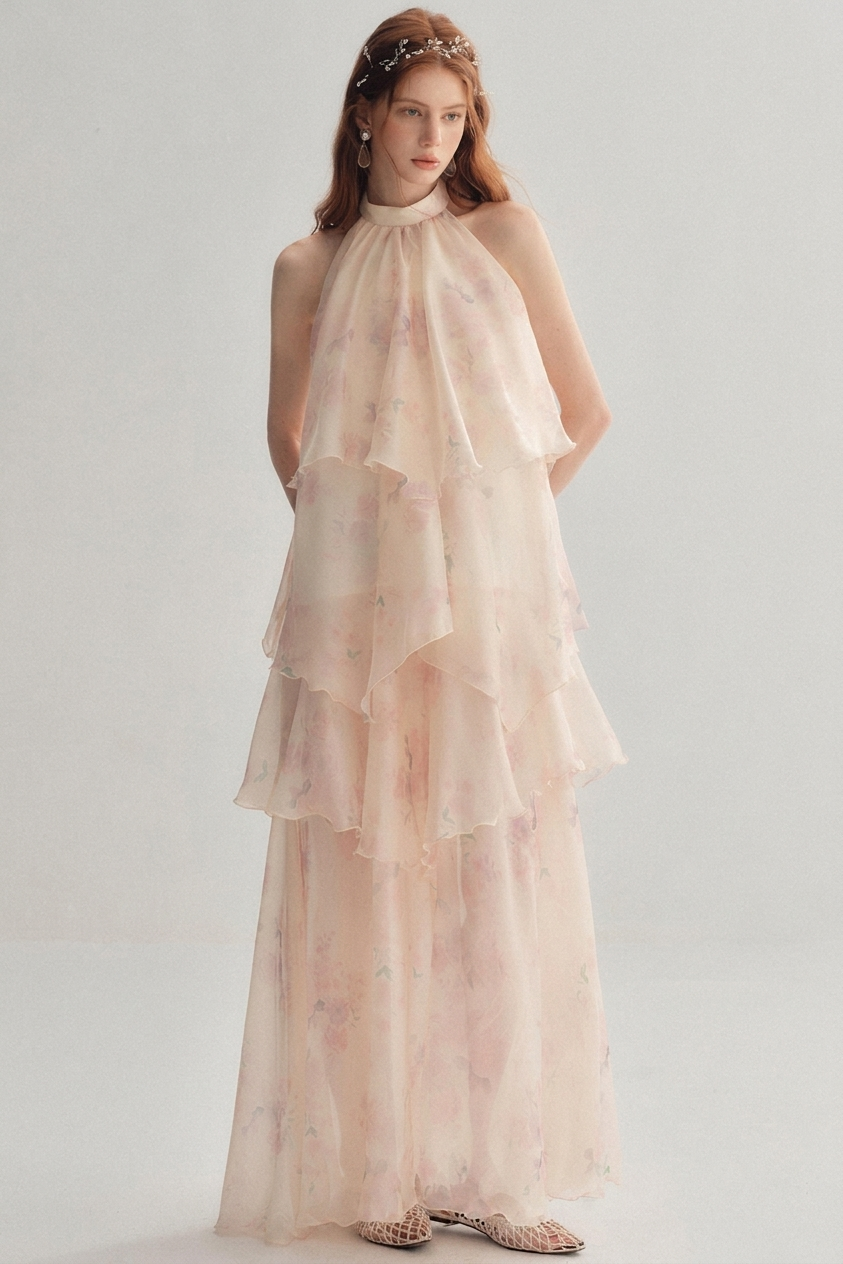 A woman models a sleeveless, high-neck, tiered maxi dress in a soft blush pink color with a delicate floral print. The dress features multiple ruffled layers and is paired with a matching floral headband and flat sandals, set against a plain light gray studio background.