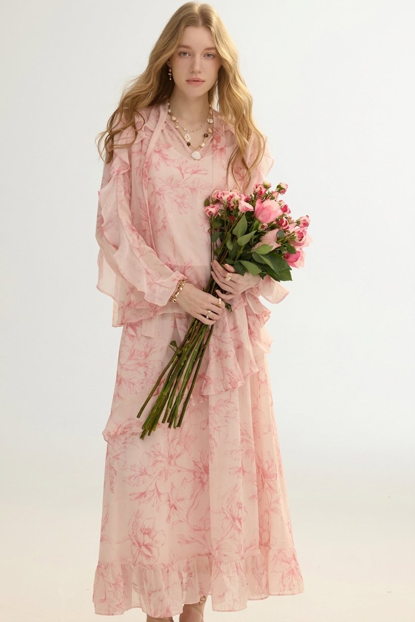 A woman modeling a long, flowing light pink dress with a soft floral print, holding a bouquet of pink flowers against a plain light background.
