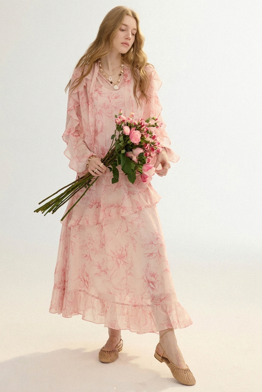 A woman wearing a light pink tiered midi dress with a floral print, holding a bouquet of pink flowers, set against a plain white studio background.