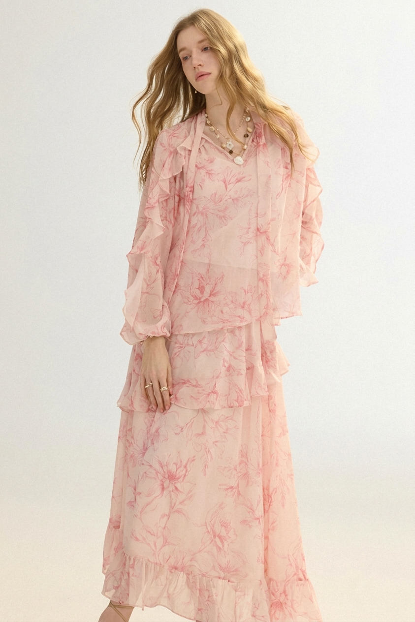 A woman modeling a light pink and white floral print two-piece set consisting of a long-sleeve ruffled blouse and a matching tiered maxi skirt, set against a plain light background.