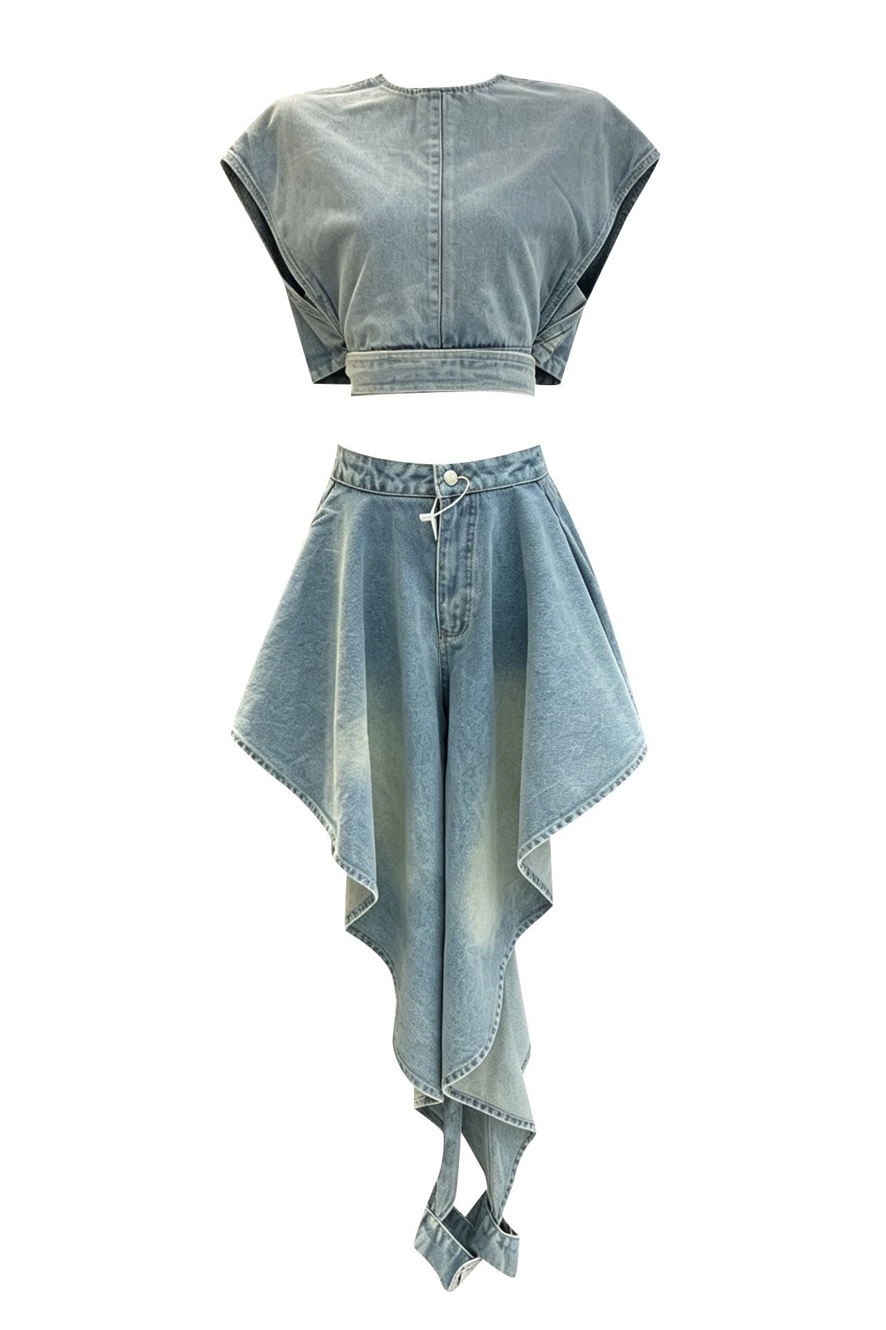 A two-piece light blue denim set featuring a short-sleeve crop top with a button-down front and a matching high-waisted asymmetrical mini skirt with rolled hems.