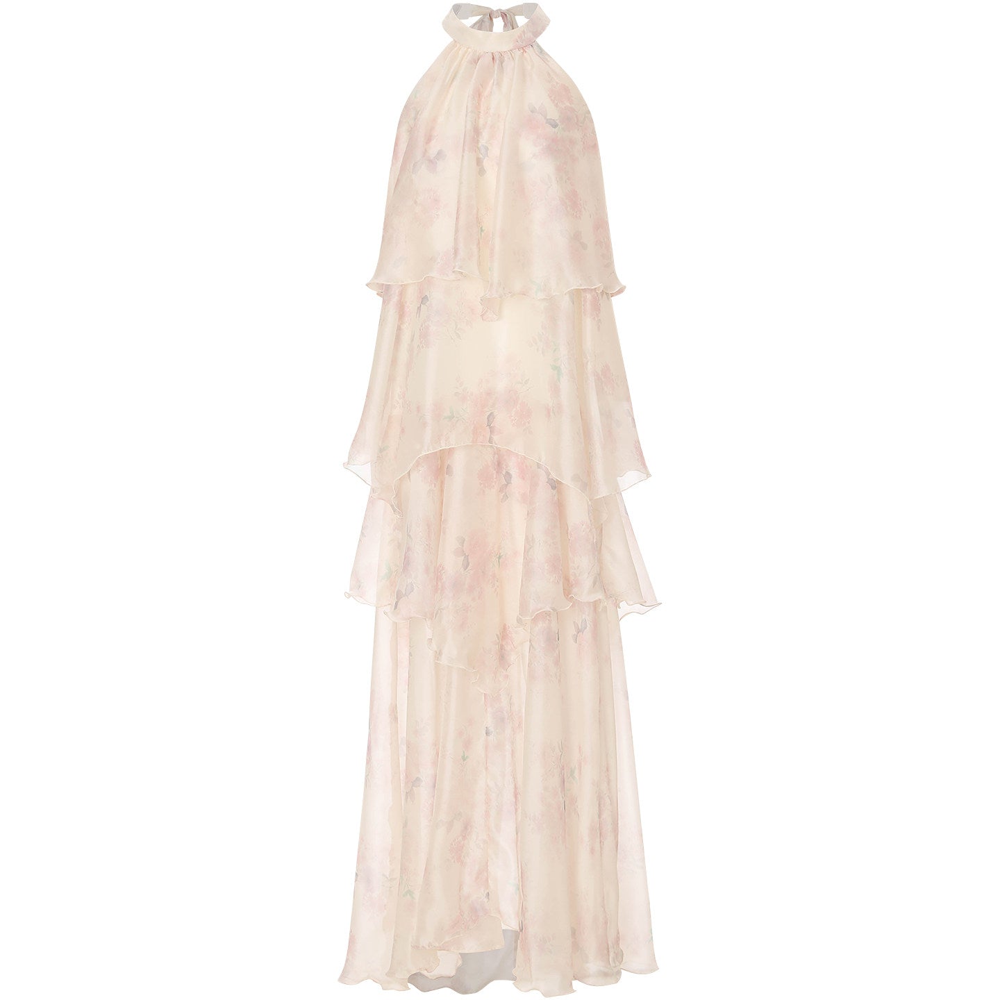 Beige halter neck dress with ruffled layers on a white background