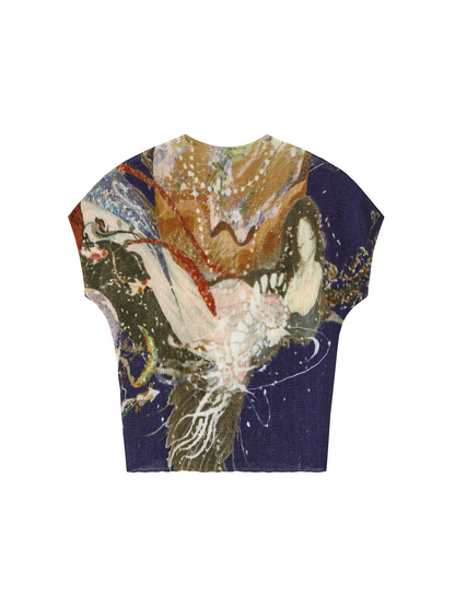 "Crane Guide" Mountain & Sea Print Pleated Stretch Top