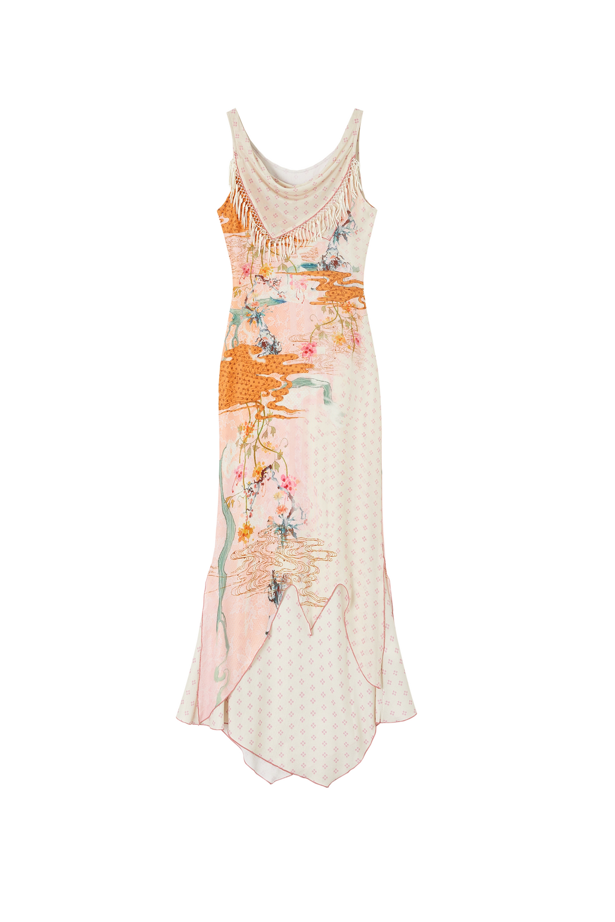 A sleeveless, asymmetrical maxi dress with a draped neckline, featuring a soft peach and cream base with a watercolor-style floral and bird print in orange, green, and pink.