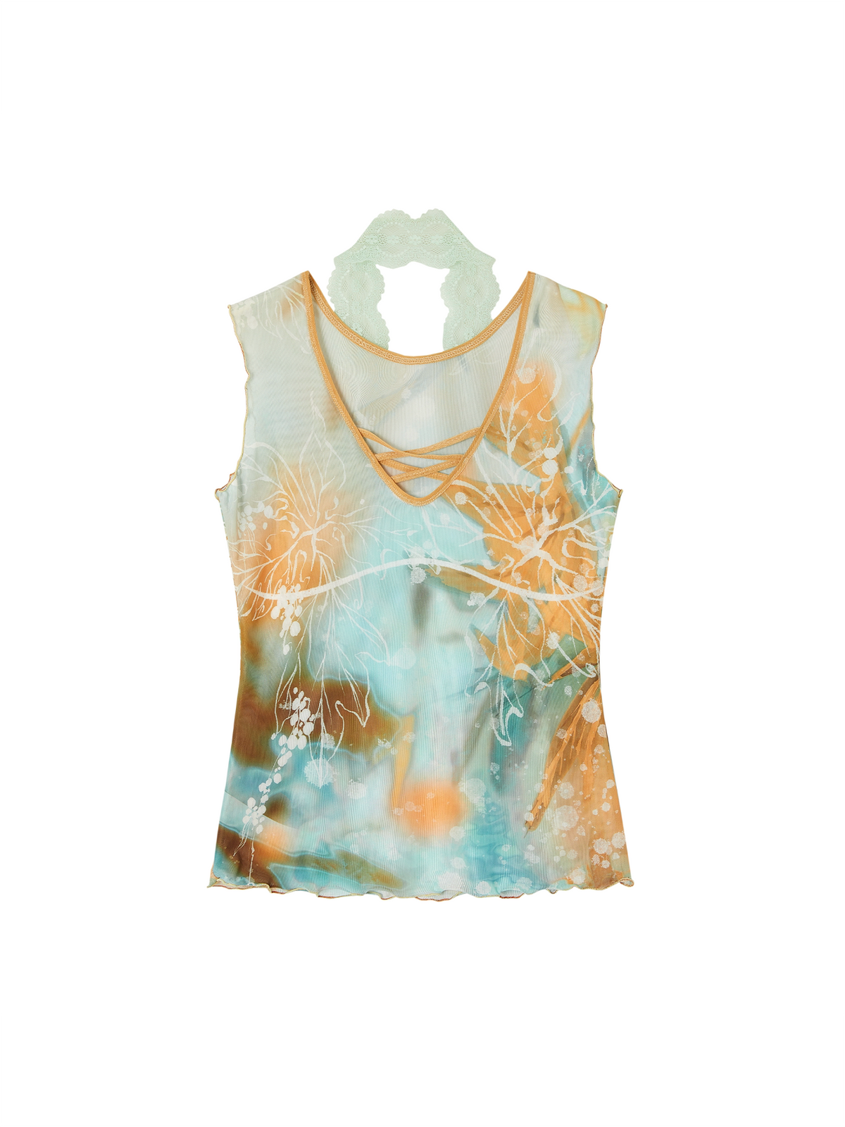 "Orange Tone" Oil Painting Print Mesh Top & Asymmetric Chiffon Skirt Two-Piece Set