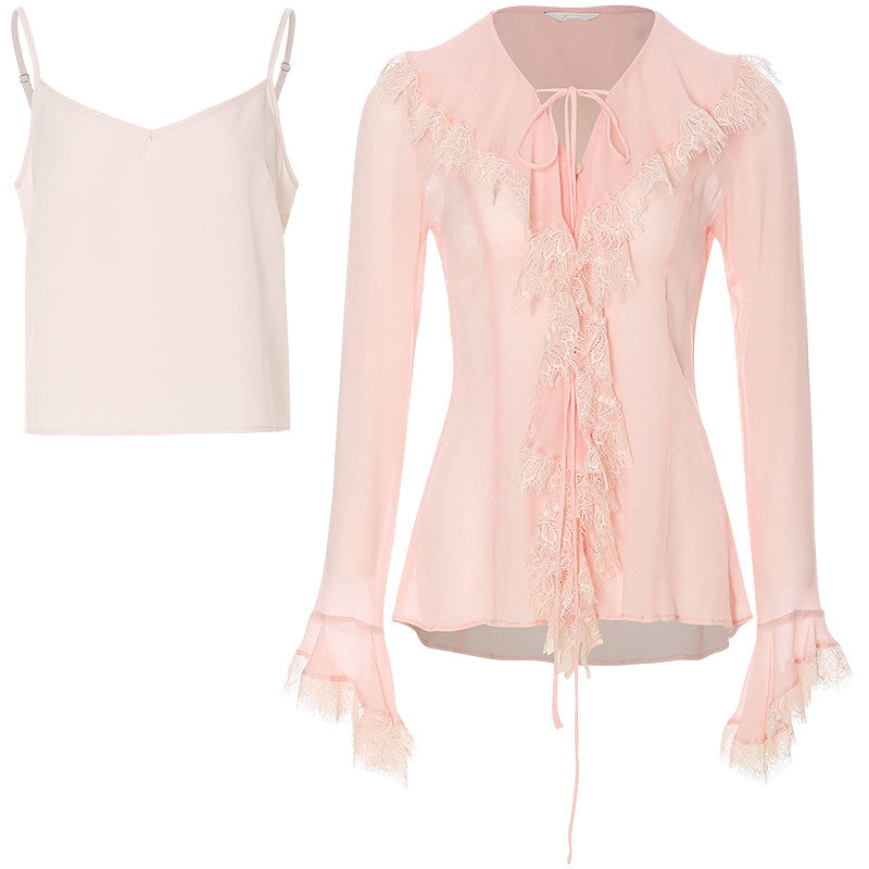 Sylvie French Vintage Lace-Trimmed Chiffon Cardigan Blouse Set