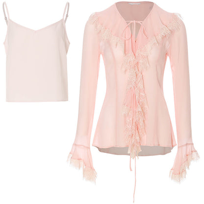 Sylvie French Vintage Lace-Trimmed Chiffon Cardigan Blouse Set