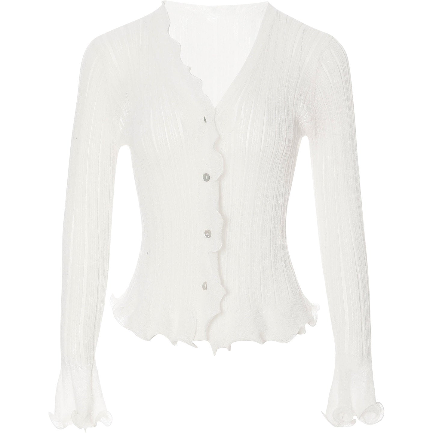 White blouse with ruffled details on a white background