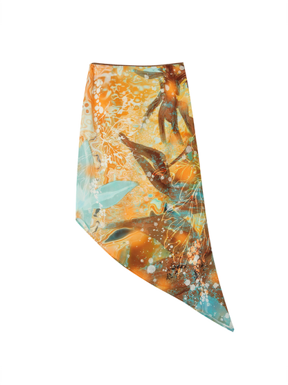 "Orange Tone" Oil Painting Print Mesh Top & Asymmetric Chiffon Skirt Two-Piece Set
