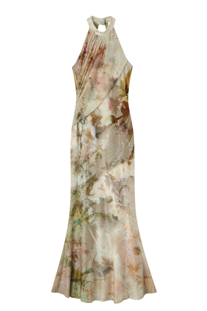 A sleeveless halter-neck maxi dress with a draped, gathered design and a watercolor-style floral print in beige, brown, and muted green tones, shown on a plain white background with the Chinese text '加长版' below.