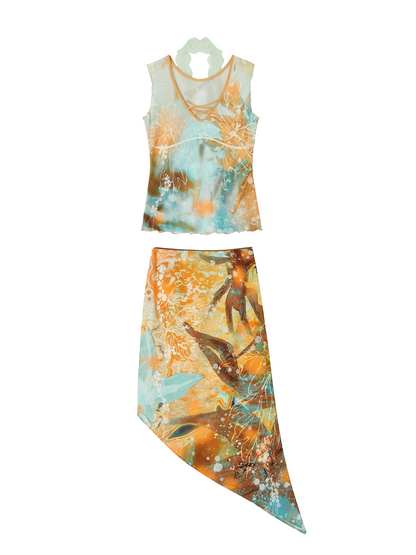 "Orange Tone" Oil Painting Print Mesh Top & Asymmetric Chiffon Skirt Two-Piece Set