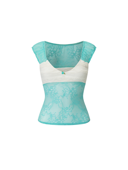 A women's lace bustier top in light aqua blue and white, featuring a sheer floral lace bodice, cap sleeves, and a white textured band across the chest.