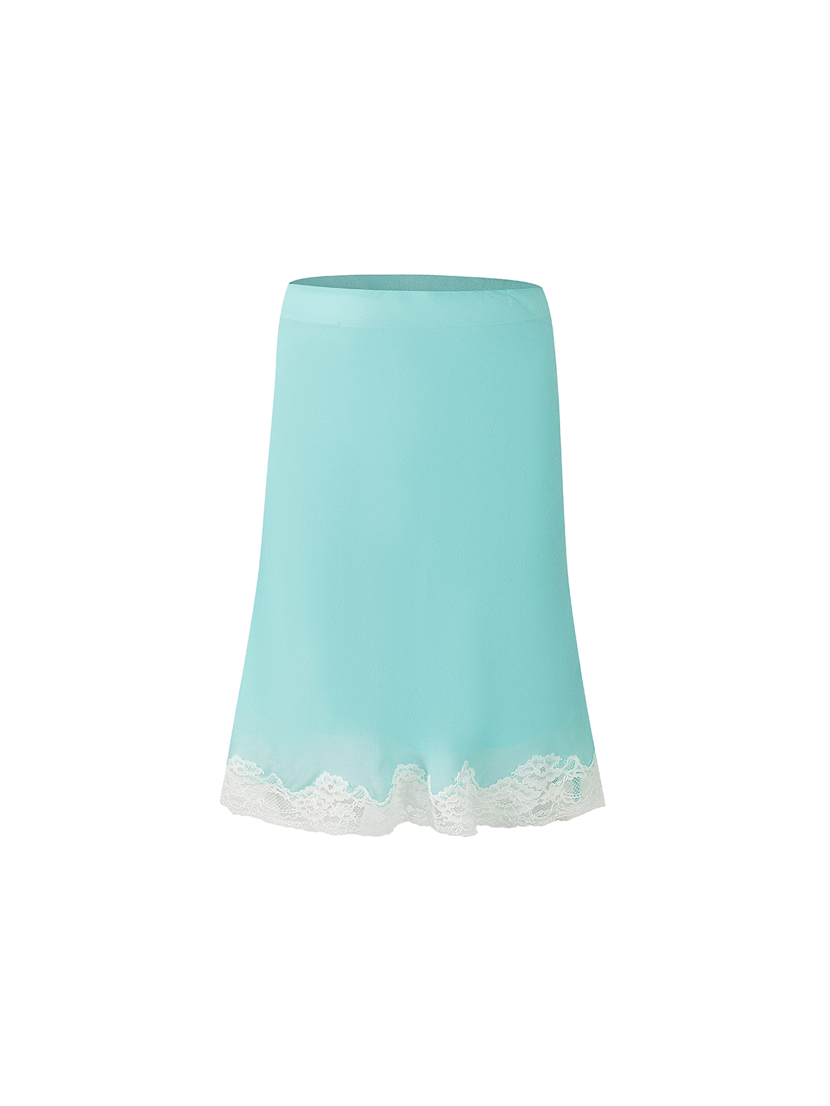A light aqua blue slip skirt with a white lace hem, shown against a plain white background.