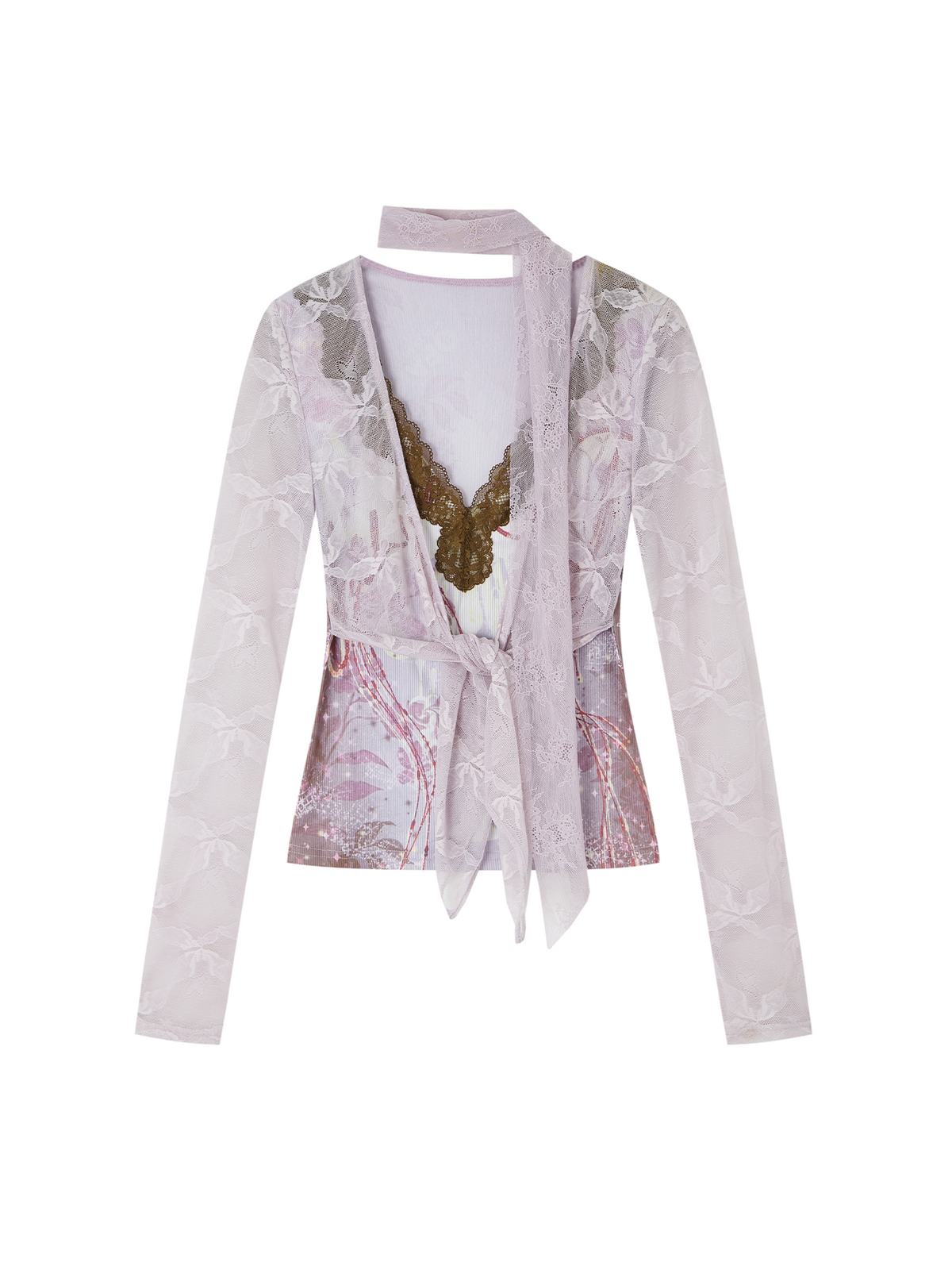 A light pink and white floral lace long-sleeve cardigan with a butterfly applique at the center front and a matching neck tie, displayed on a clean white background.