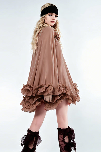 French Lazy Style Coffee Chiffon Mini Skirt, Summer Vintage Wasteland Style 3D Floral Floping Edge Dress