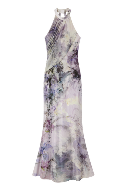 A sleeveless halter-neck maxi dress with a watercolor-style abstract print in shades of purple, gray, and beige, shown against a plain white background with Chinese text '加长版' below.