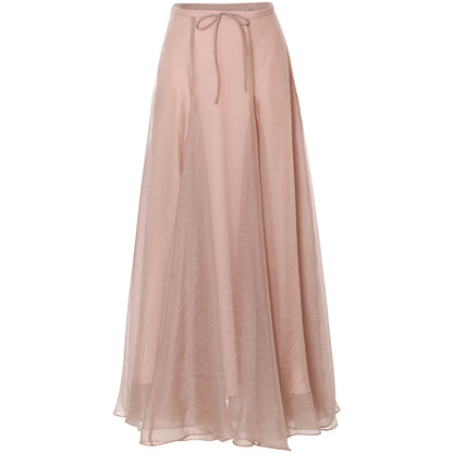 Long, light pink skirt with a drawstring waist on a white background