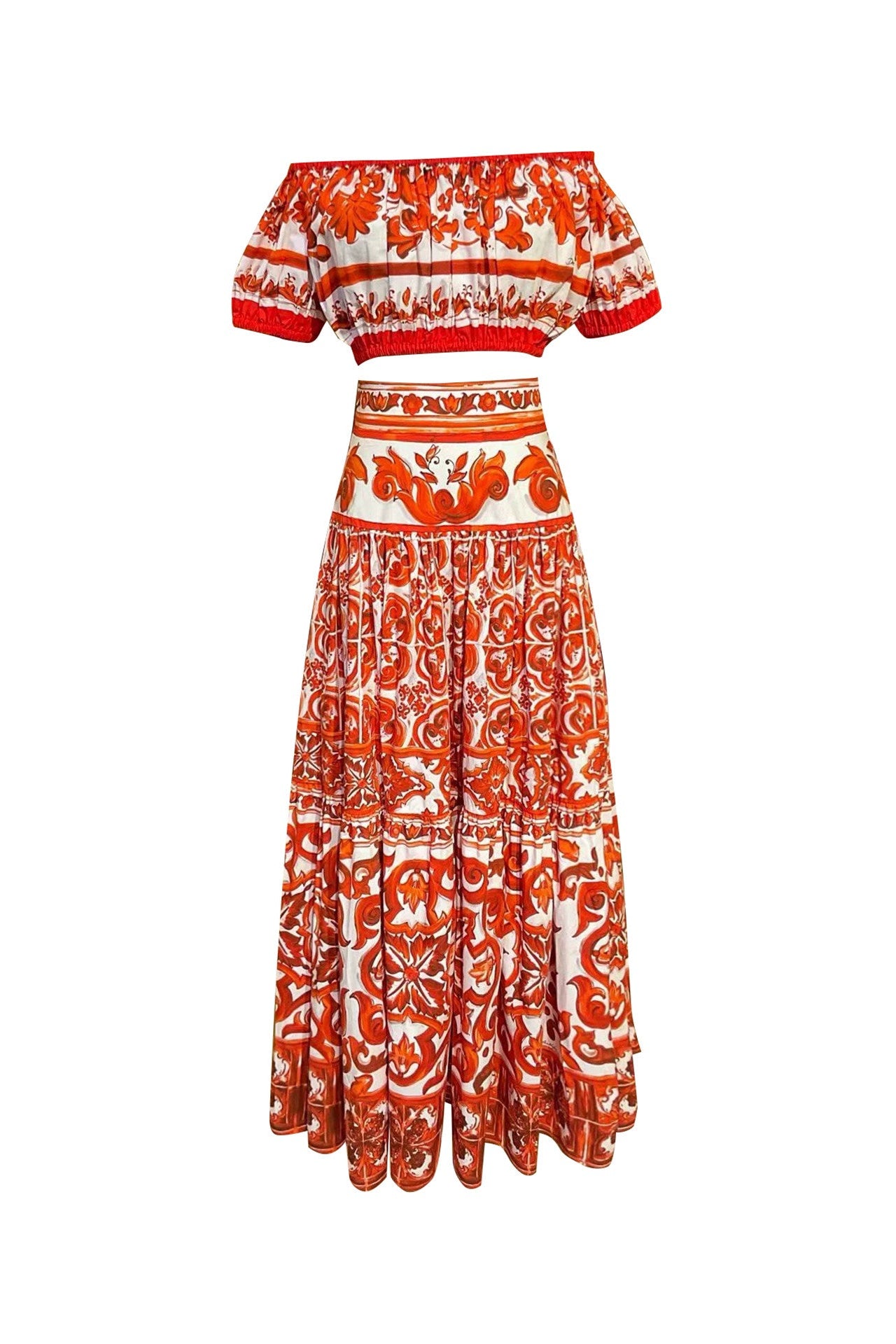 Sicilian Red Printed Off-Shoulder Skirt Set