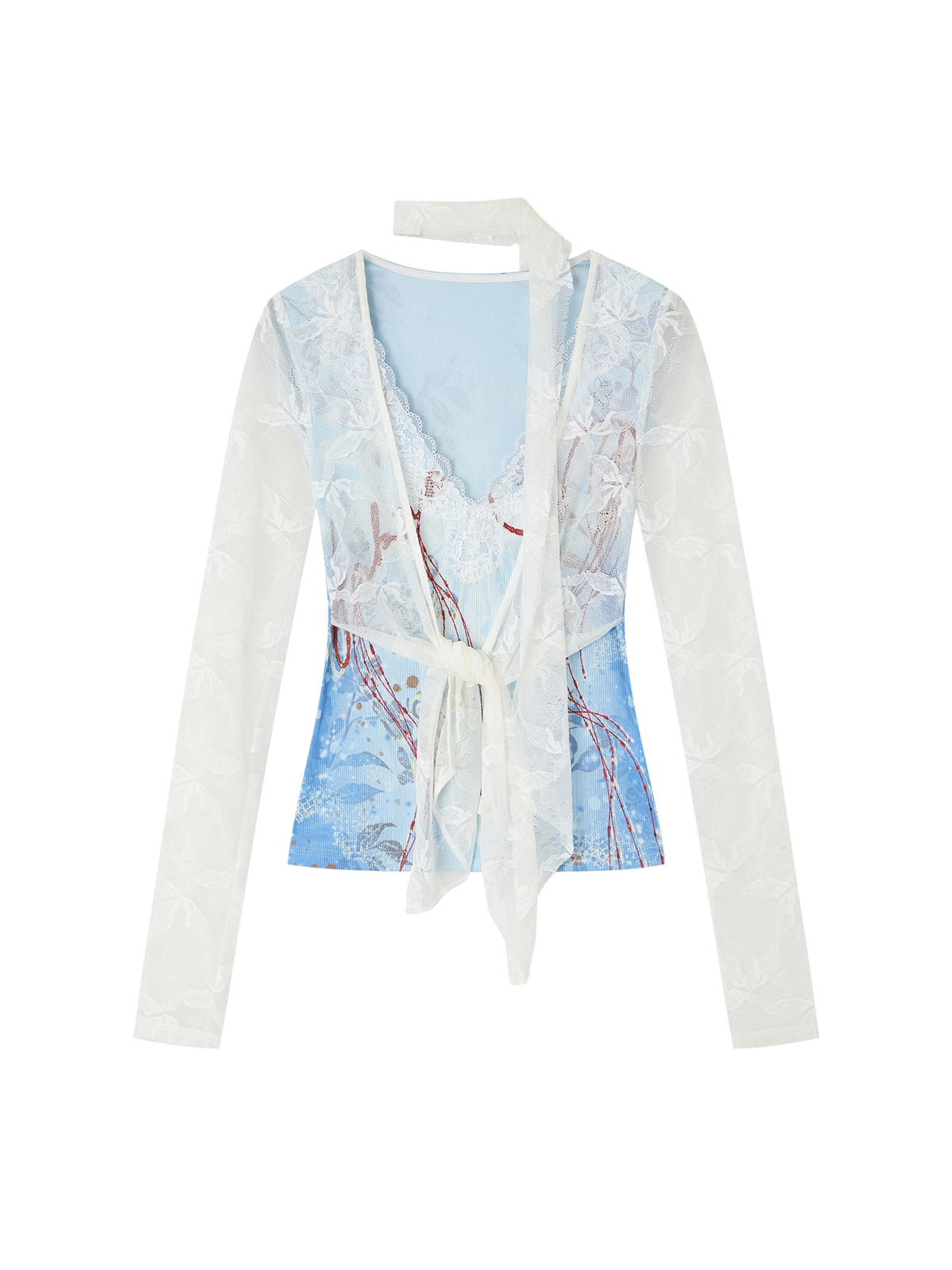 A women's long-sleeve wrap top featuring a light blue printed body with white floral lace overlays and a white tie-front waist, shown on a plain white background.