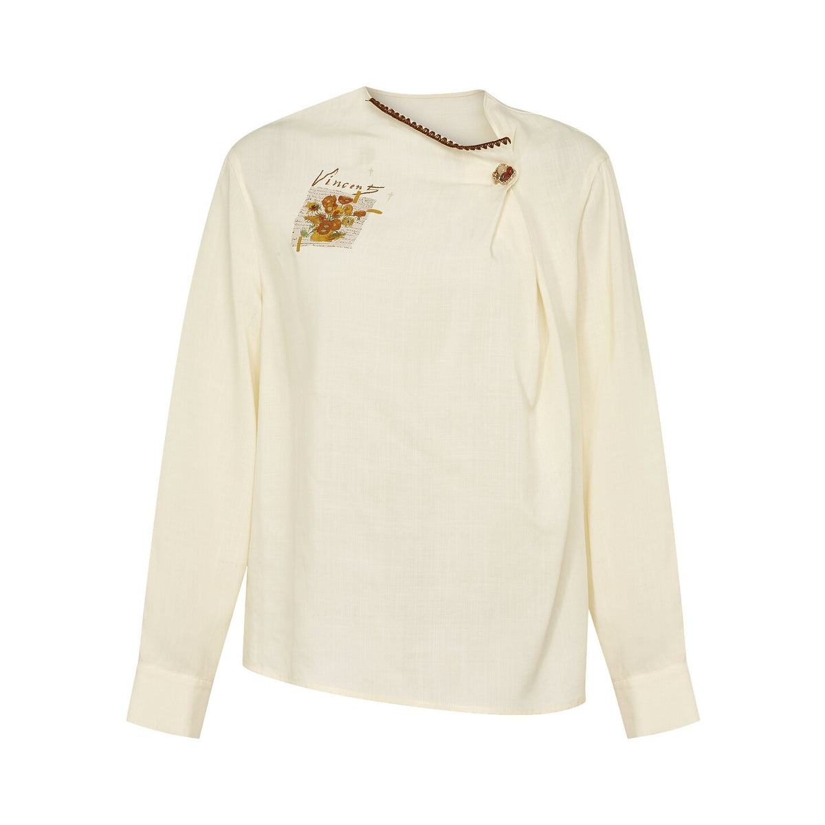 Van Gogh Literary Style Sunflowers Print Diagonal V-Neck Shirt