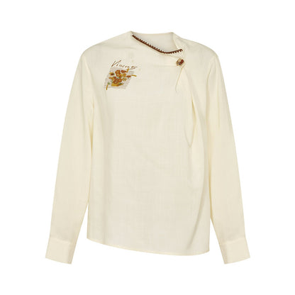 Van Gogh Literary Style Sunflowers Print Diagonal V-Neck Shirt