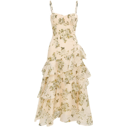Floral tiered dress on a white background