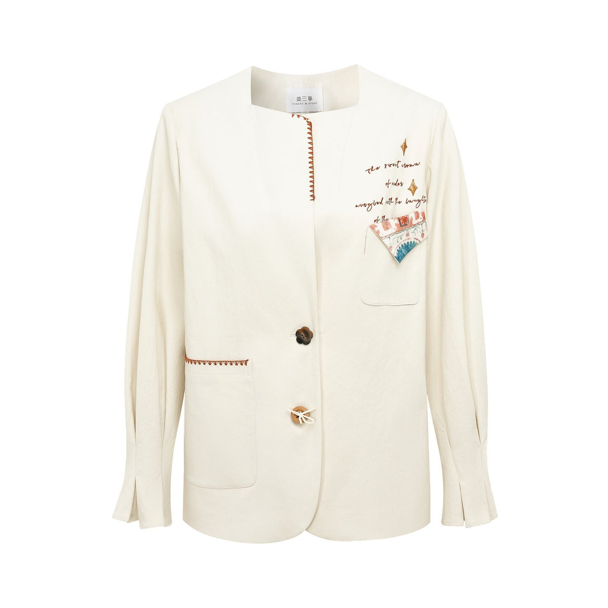 An off-white long-sleeve blazer jacket with decorative brown contrast stitching, a single dark button, and embroidered script and graphic details on the chest, shown against a plain white background.