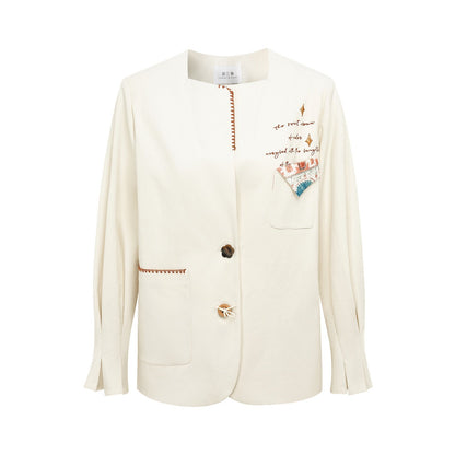An off-white long-sleeve blazer jacket with decorative brown contrast stitching, a single dark button, and embroidered script and graphic details on the chest, shown against a plain white background.