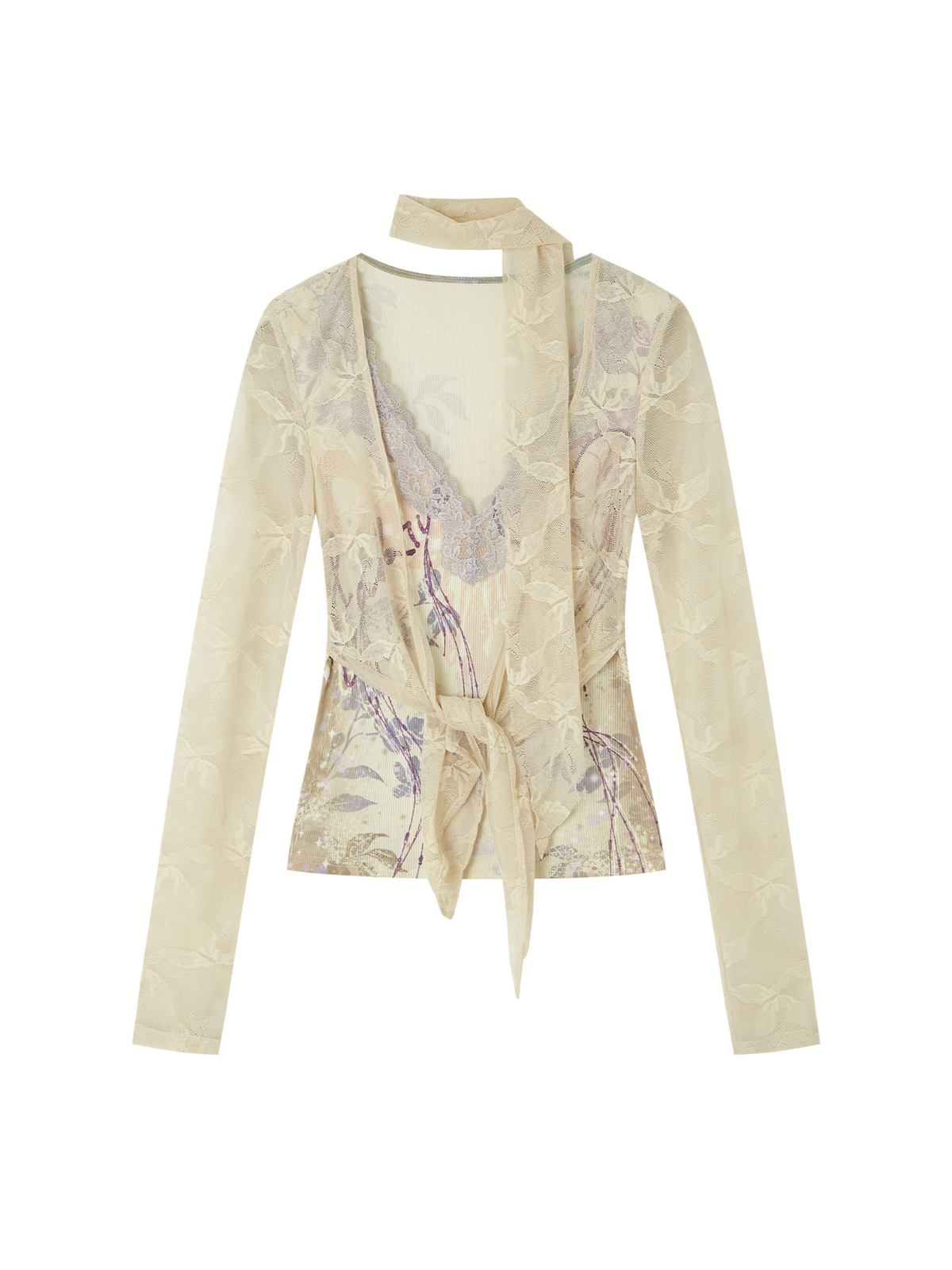 A beige long-sleeve wrap-style blouse with a tie-front waist and a matching neck tie, featuring a subtle tonal floral jacquard pattern with lavender and gold undertones, shown on a plain white background.