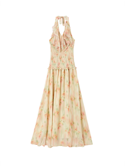 "Aquatic" Impression Garden Ruffle Collar Slit Chiffon Dress