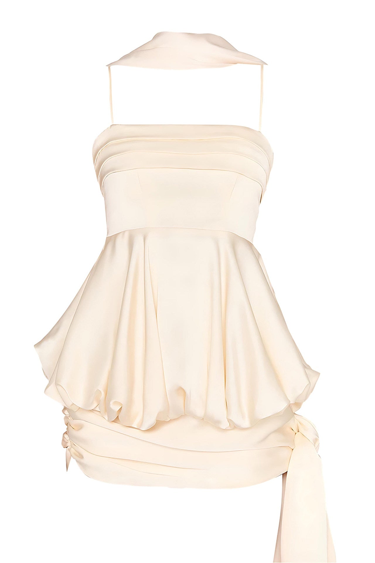 An ivory satin halter top with a peplum waist and side tie detail, displayed on a white mannequin torso against a white background.