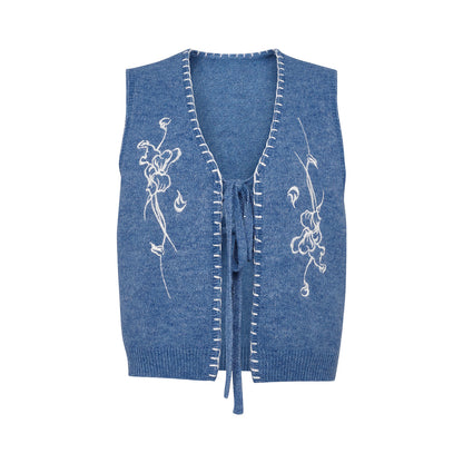 Van Gogh Art Embroidered Tie-Front Knit Vest